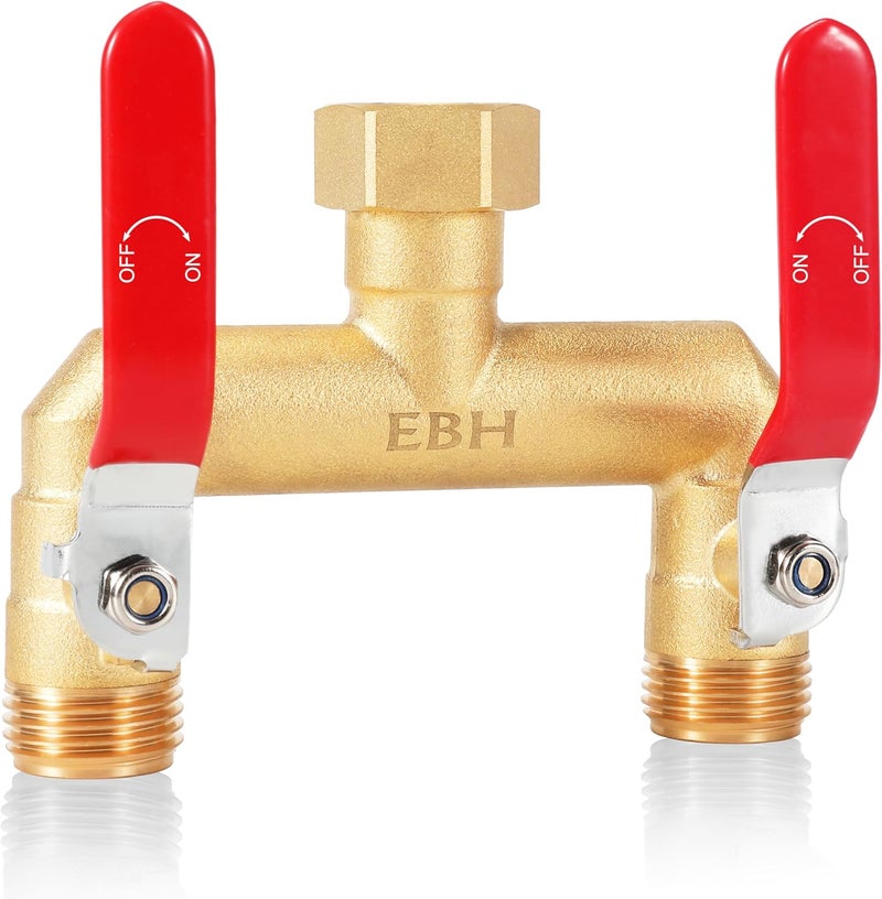 EBH Garden Hose Splitter, 2-Way High Flow Heavy Duty Brass Outdoor Hose Manifold with Extra Long Handles Full Flow Faucet Adapter- 3/4” GHT(Red) - Image 1